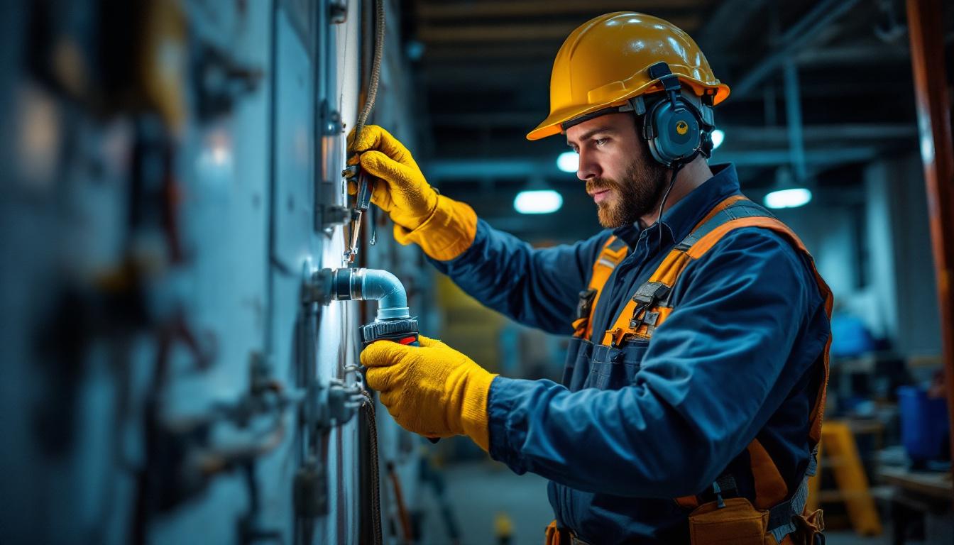 A photograph of a lighting contractor expertly installing a 3/4 emt 90-degree elbow fitting in a commercial setting