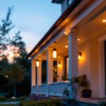 A photograph of a beautifully designed outdoor porch featuring stylish hanging lights