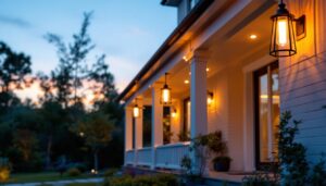 A photograph of a beautifully designed outdoor porch featuring stylish hanging lights