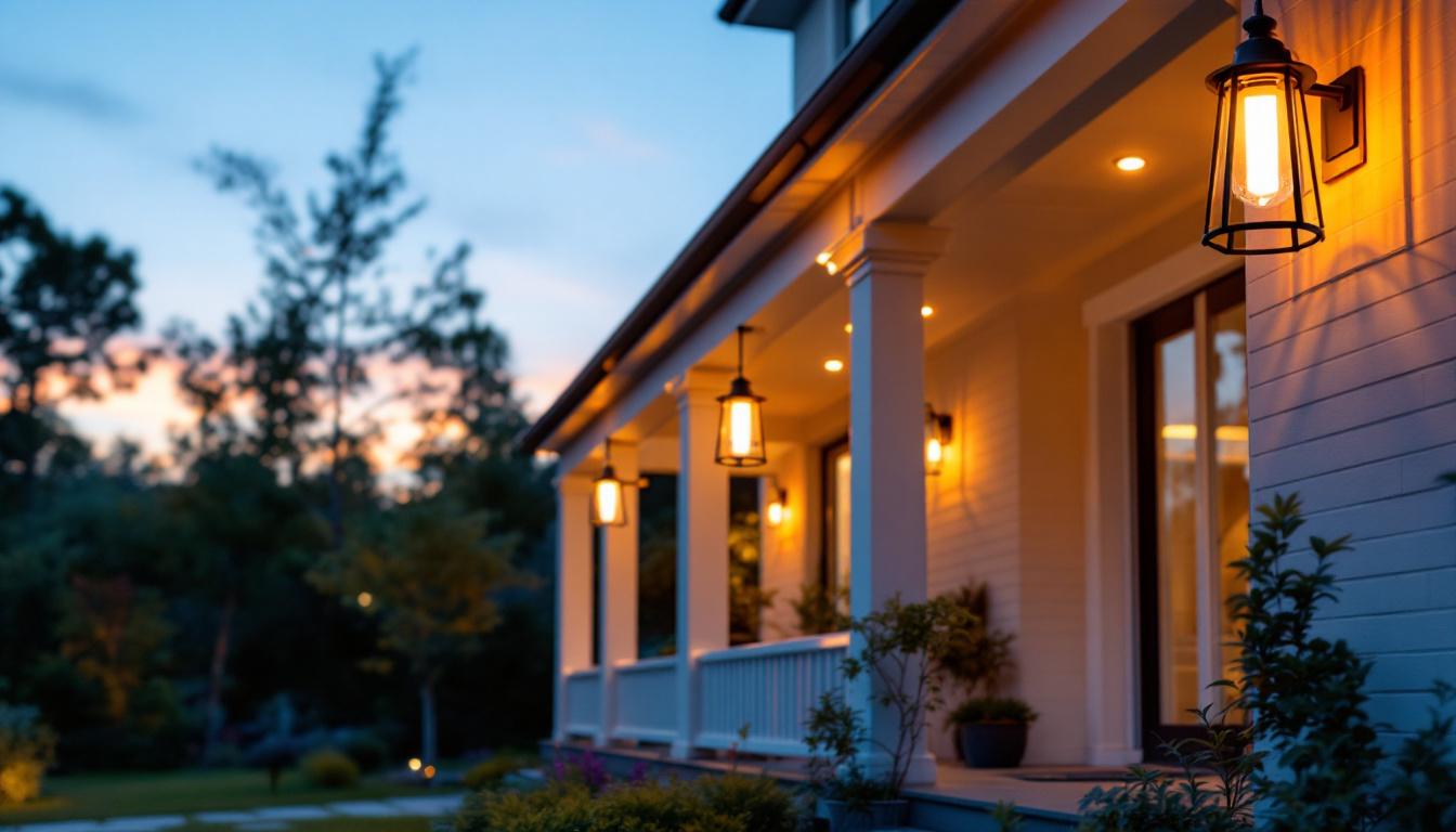 A photograph of a beautifully designed outdoor porch featuring stylish hanging lights