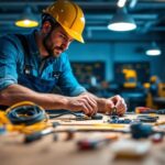 A photograph of a lighting contractor efficiently installing a direct fit wiring harness in a modern workspace