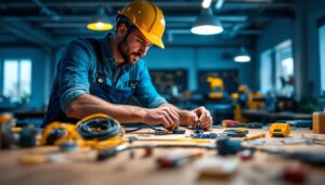 A photograph of a lighting contractor efficiently installing a direct fit wiring harness in a modern workspace