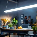 A photograph of a well-lit workspace featuring a 4' 4 bulb fluorescent fixture installed in a modern setting