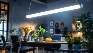 A photograph of a well-lit workspace featuring a 4' 4 bulb fluorescent fixture installed in a modern setting