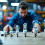 A photograph of a lighting contractor examining various g bulb sizes displayed on a workbench