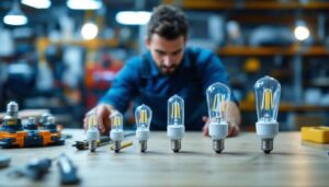 A photograph of a lighting contractor examining various g bulb sizes displayed on a workbench