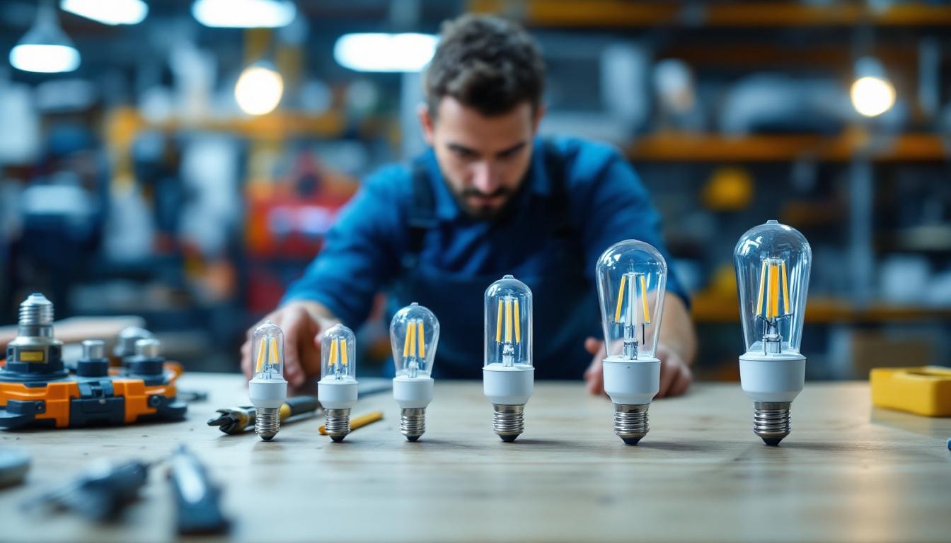 A photograph of a lighting contractor examining various g bulb sizes displayed on a workbench
