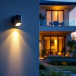 A photograph of a modern home exterior featuring stylish sensor lights in action during dusk