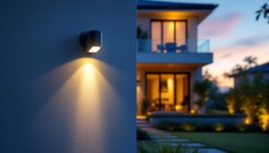 A photograph of a modern home exterior featuring stylish sensor lights in action during dusk