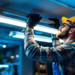 A photograph of a lighting contractor skillfully installing modern fluorescent fixtures in a stylish