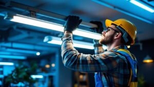 A photograph of a lighting contractor skillfully installing modern fluorescent fixtures in a stylish