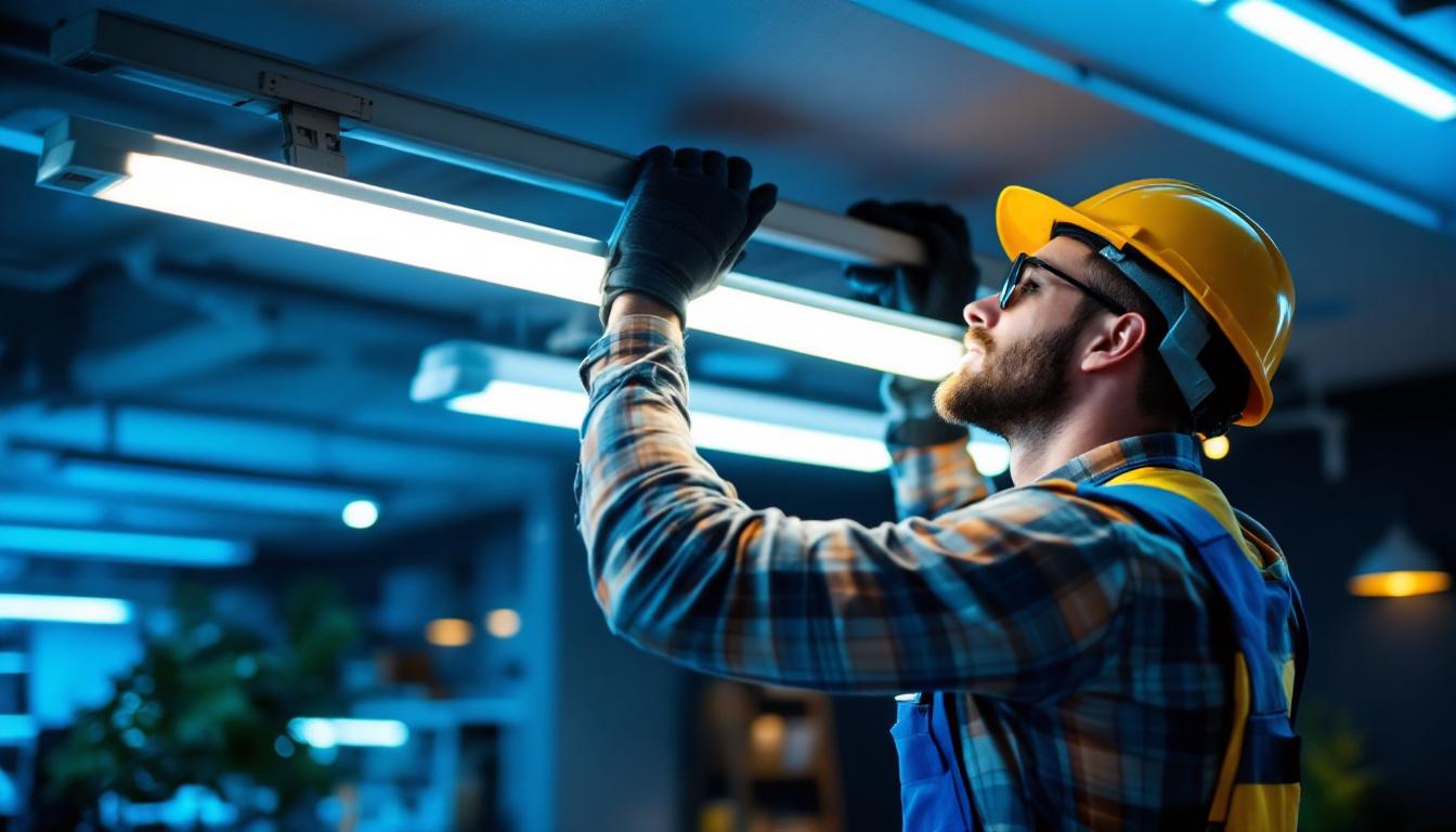 A photograph of a lighting contractor skillfully installing modern fluorescent fixtures in a stylish