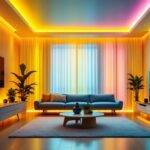 A photograph of a beautifully designed room featuring color-changing led recessed lights in action