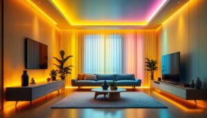 A photograph of a beautifully designed room featuring color-changing led recessed lights in action