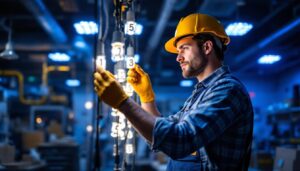 A photograph of a lighting contractor efficiently installing numbered lights in a modern workspace