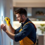 A photograph of a lighting contractor in action