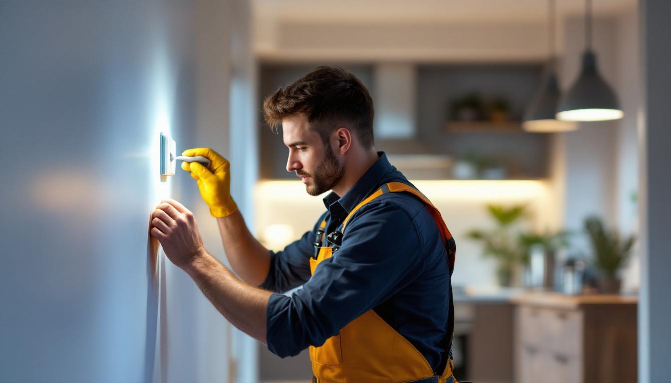 A photograph of a lighting contractor in action