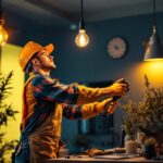 A photograph of a lighting contractor at work