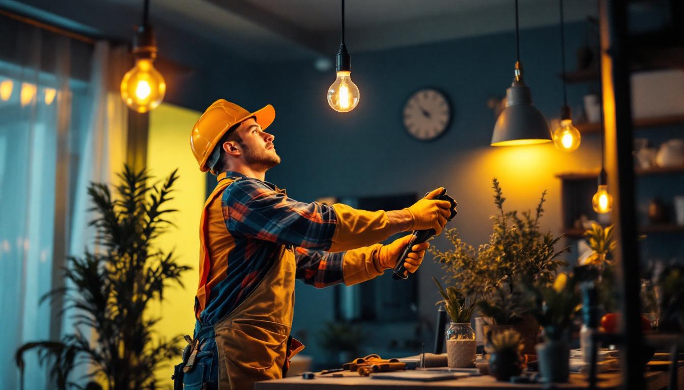 A photograph of a lighting contractor at work