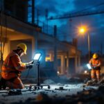 A photograph of a construction site at dusk