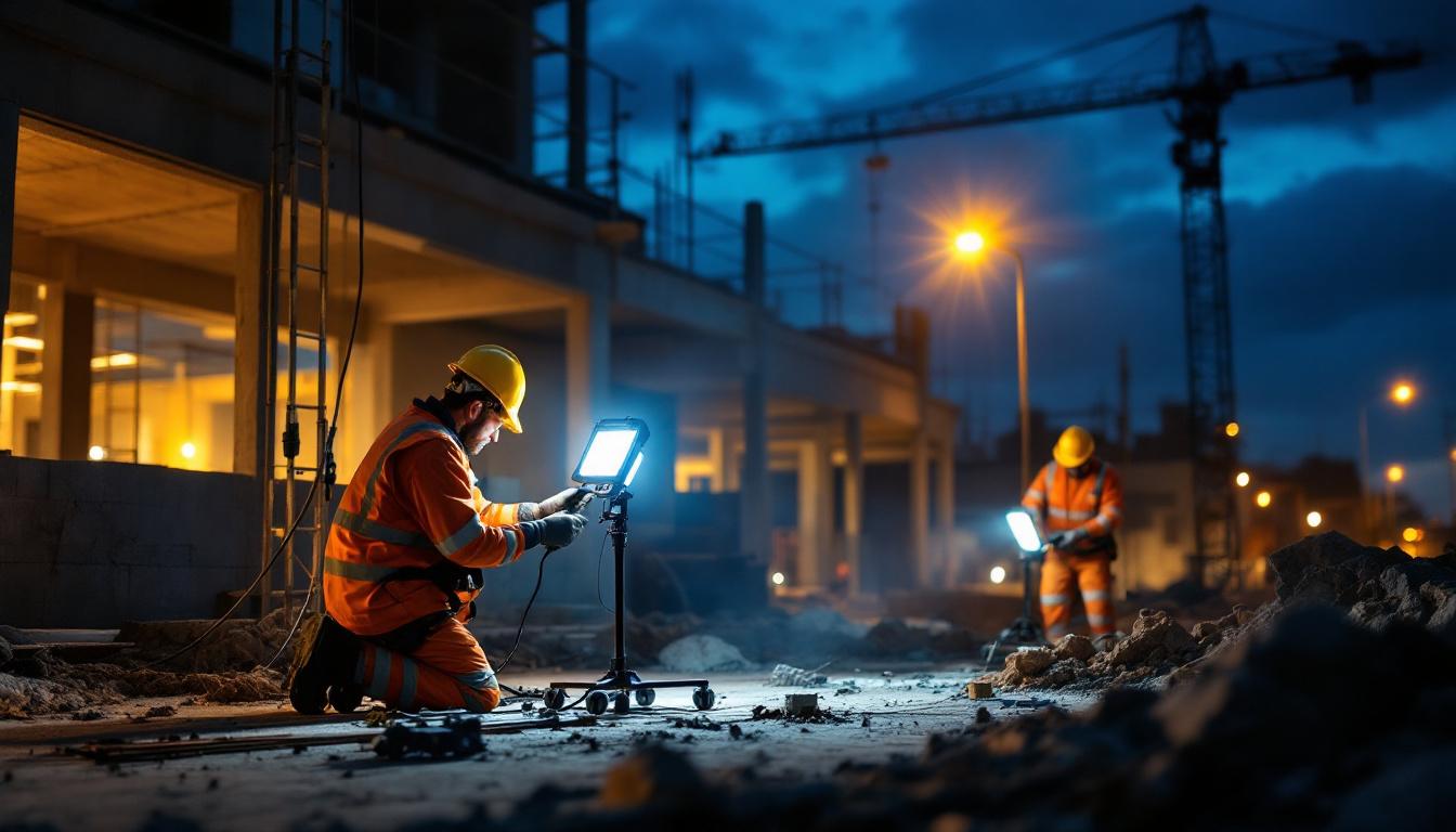A photograph of a construction site at dusk