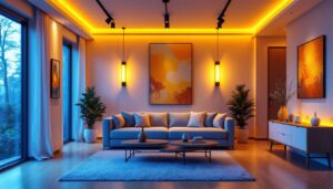 A photograph of a beautifully designed interior space featuring can lighting