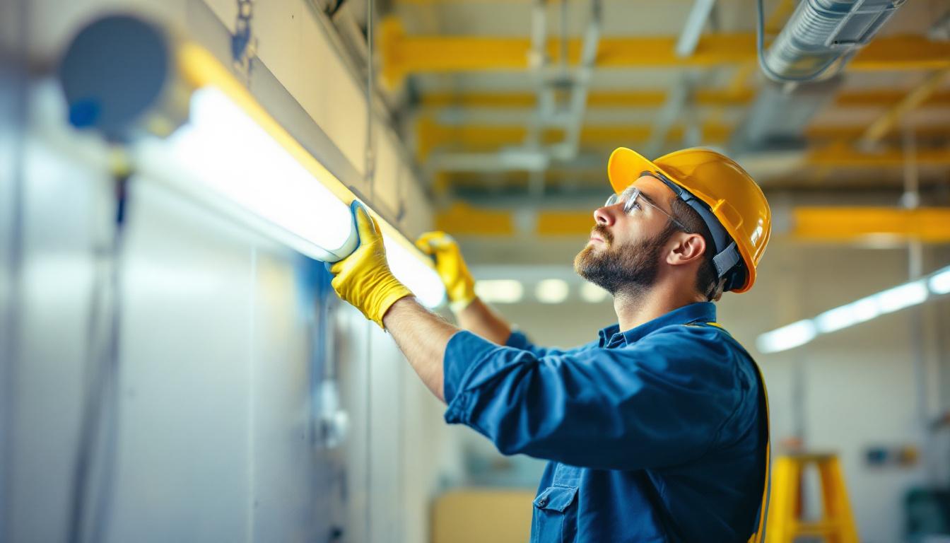 A photograph of a skilled lighting contractor installing or servicing an 8-foot fluorescent light fixture