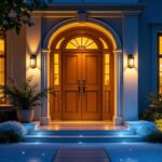 A photograph of a beautifully illuminated front door featuring stylish led lights