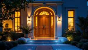 A photograph of a beautifully illuminated front door featuring stylish led lights