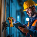 A photograph of a lighting contractor efficiently using advanced technology