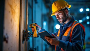 A photograph of a lighting contractor efficiently using advanced technology