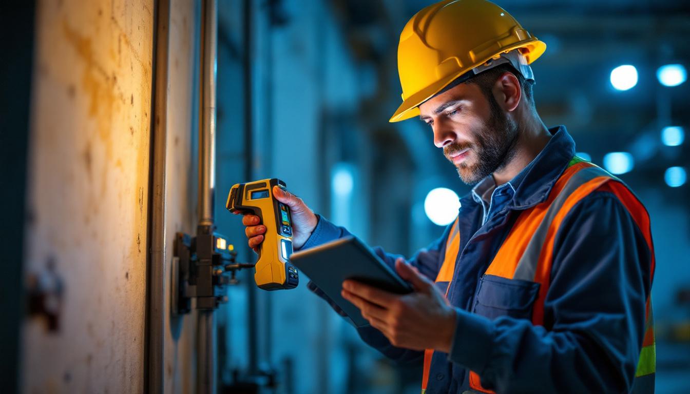 A photograph of a lighting contractor efficiently using advanced technology