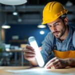 A photograph of a lighting contractor examining a 40-watt fluorescent tube alongside its led replacement in a well-lit workspace