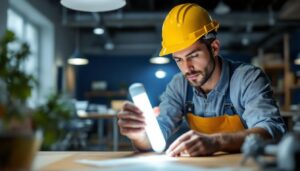 A photograph of a lighting contractor examining a 40-watt fluorescent tube alongside its led replacement in a well-lit workspace