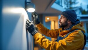 A photograph of a lighting contractor installing a sleek motion sensor light flush mount in a modern residential setting