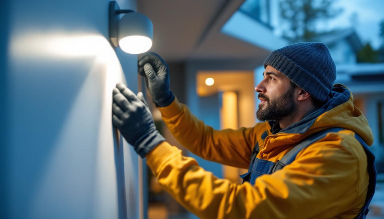A photograph of a lighting contractor installing a sleek motion sensor light flush mount in a modern residential setting