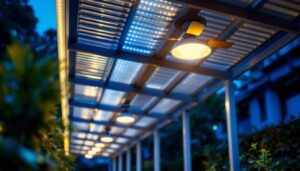 A photograph of a well-lit carport featuring modern led light fixtures