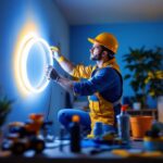 A photograph of a lighting contractor expertly installing a vibrant 4000k led light strip in a modern interior setting