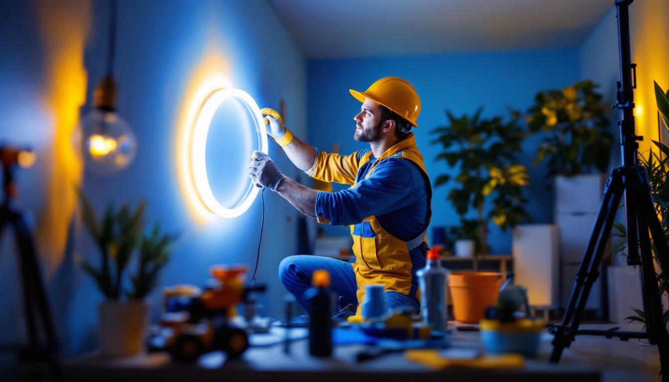 A photograph of a lighting contractor expertly installing a vibrant 4000k led light strip in a modern interior setting