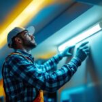 A photograph of a lighting contractor expertly installing led trim lighting in a modern interior space