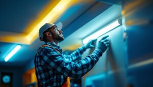 A photograph of a lighting contractor expertly installing led trim lighting in a modern interior space