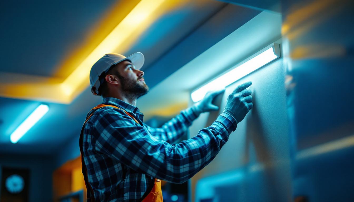 A photograph of a lighting contractor expertly installing led trim lighting in a modern interior space