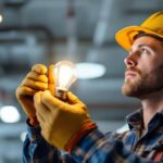 A photograph of a lighting contractor expertly installing a 277 volt led bulb in a commercial setting