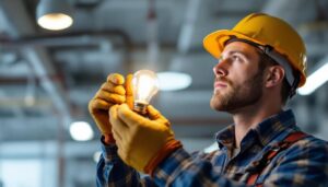 A photograph of a lighting contractor expertly installing a 277 volt led bulb in a commercial setting
