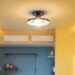 A photograph of a beautifully designed industrial flush mount ceiling light installed in a modern interior space