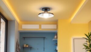 A photograph of a beautifully designed industrial flush mount ceiling light installed in a modern interior space