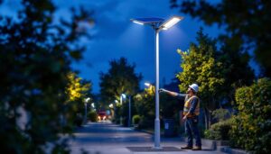 A photograph of a solar panel light post installed in a well-lit outdoor setting