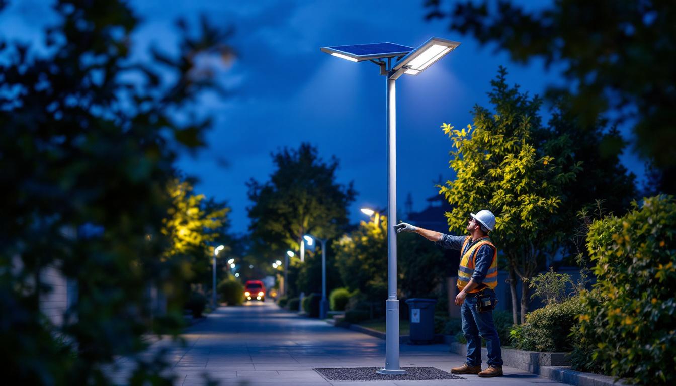 A photograph of a solar panel light post installed in a well-lit outdoor setting