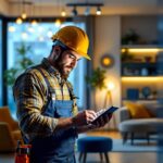 A photograph of a skilled electrician installing smart lighting technology in a modern home setting