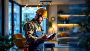 A photograph of a skilled electrician installing smart lighting technology in a modern home setting